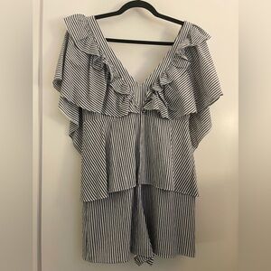 BCBGMAXAZRIA Women’s Romper Marquise Striped Ruffle Peplum Blue XS NWT